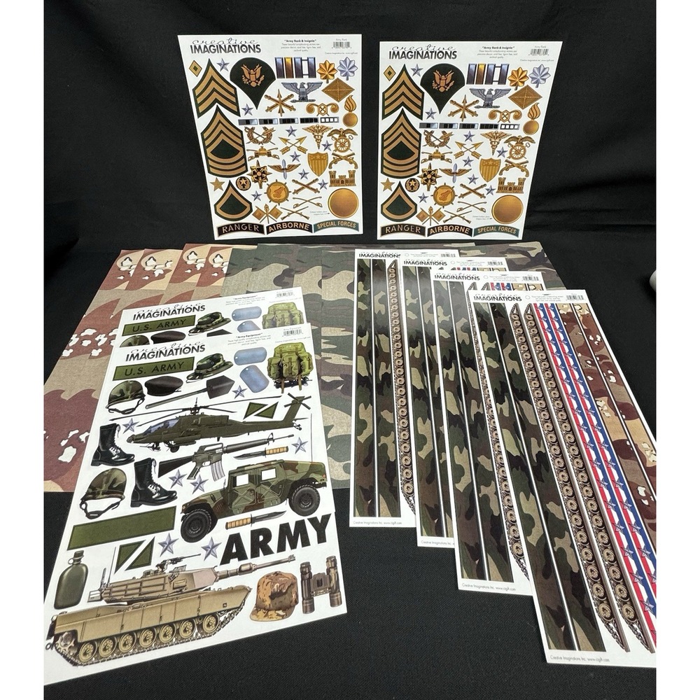 U.S. Army Scrapbook 8 Camo Paper & 8 Sticker Sheets Rank Insignia Equipment